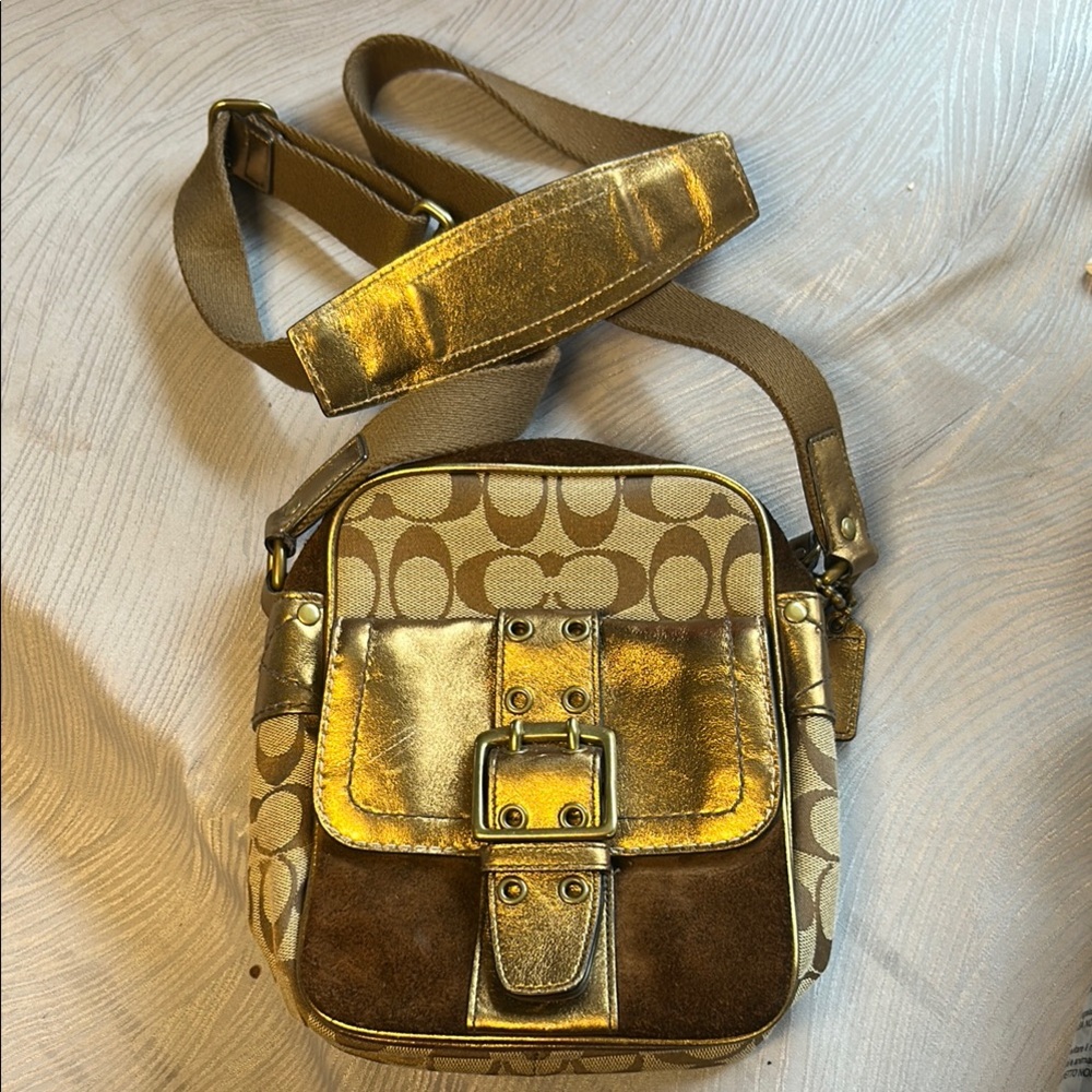 Coach Gold and Tan Crossbody Bag with Signature Design